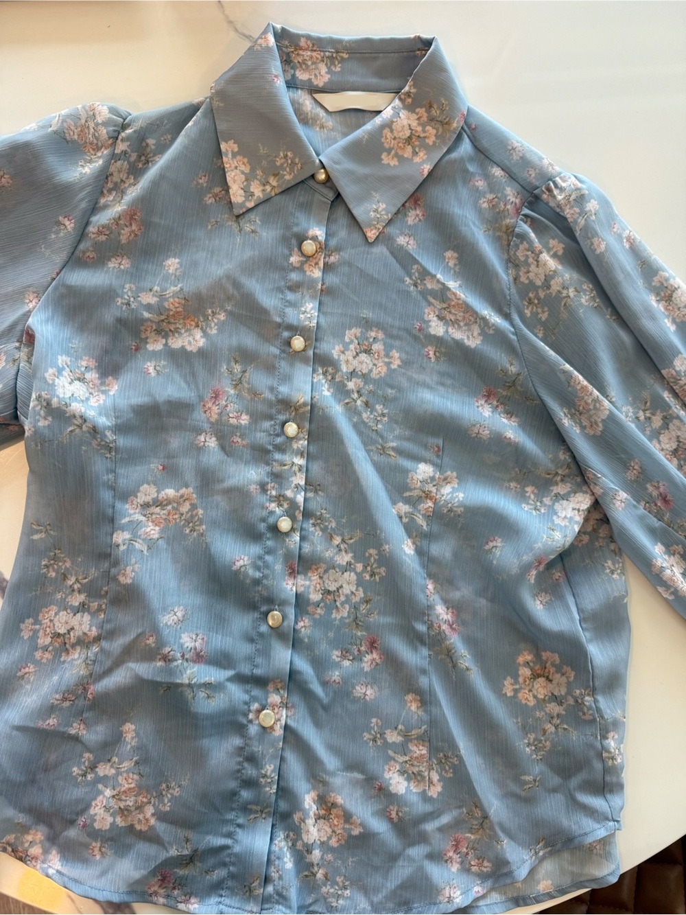 Light Blue Floral Pearl-Button Blouse